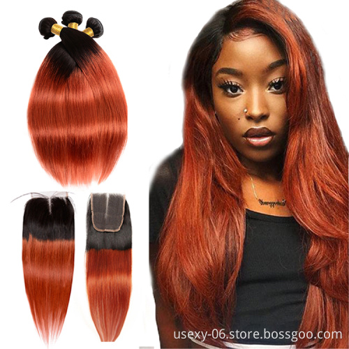 Pre-Colored Ombre Human Hair Bundles Straight Raw Indian Hair Two Tone Color 1B/350 Ombre Human Hair Weave
